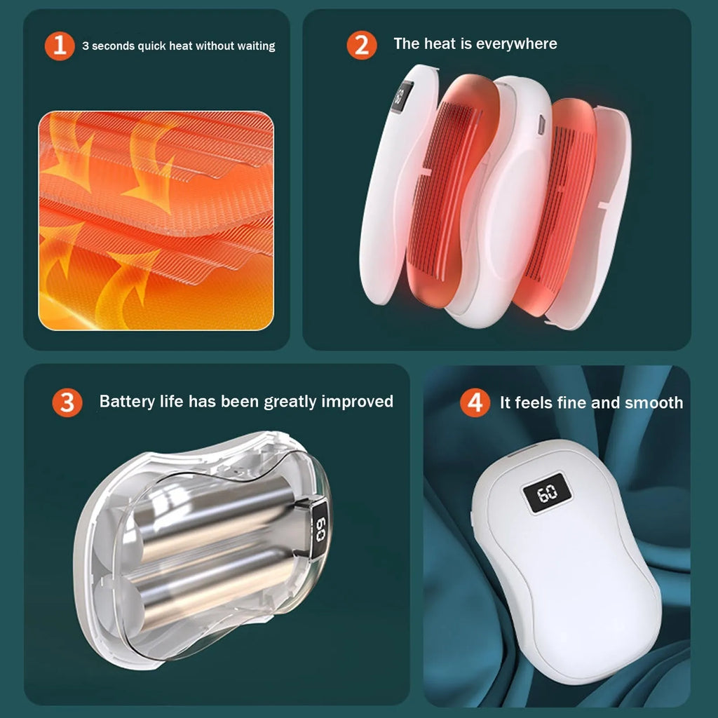 Electric hand warmer with digital display, available in multiple colours, on a white background