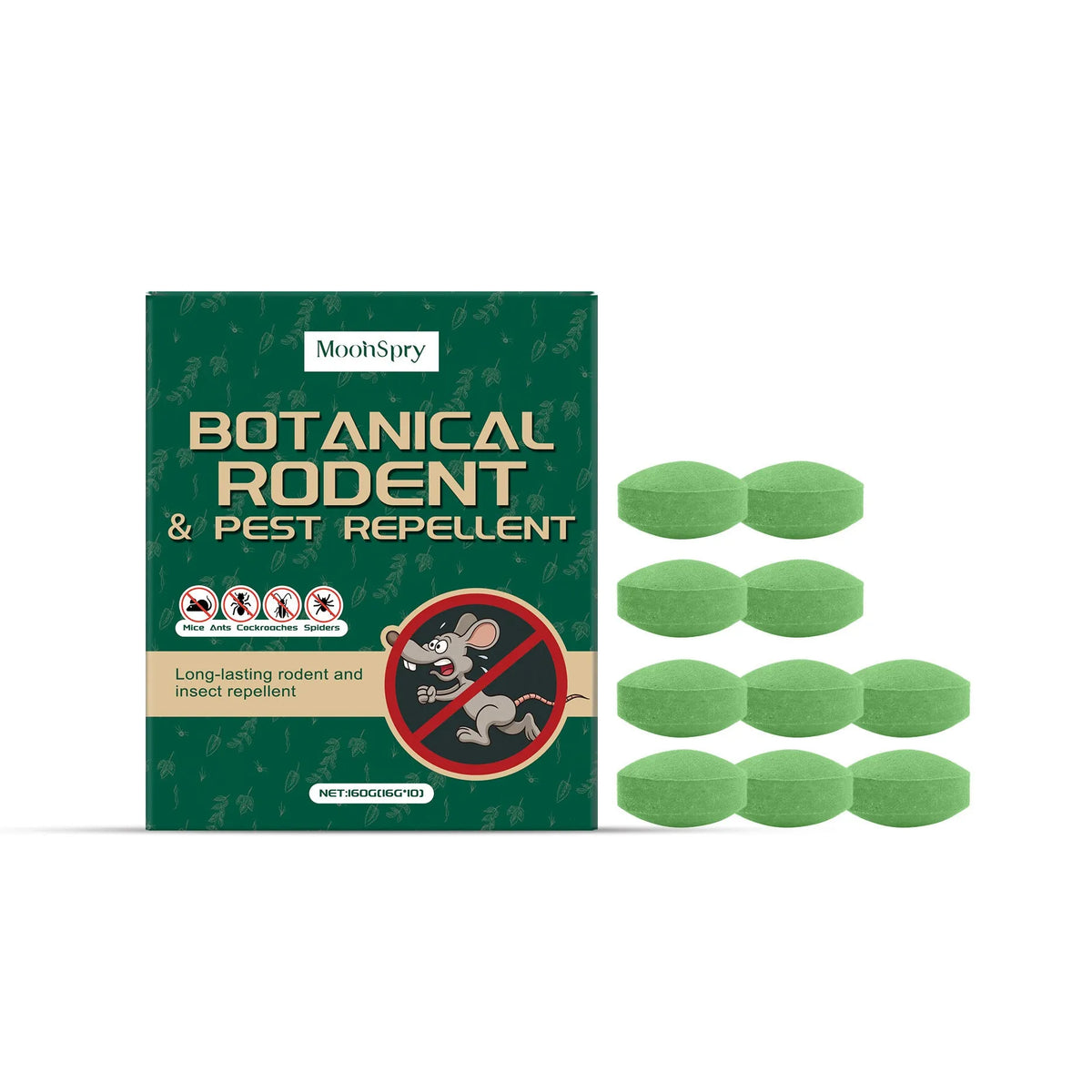 Pack of ten 16g anti-mouse repellent pills and three mesh bags for pest control.