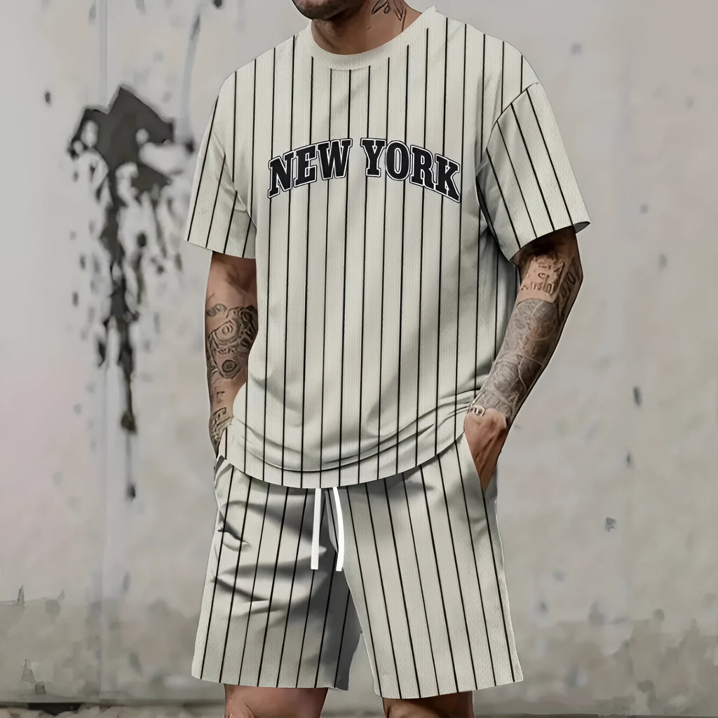 Men's grey 3D printed letter design short sleeve top and shorts two-piece suit set on a hanger.