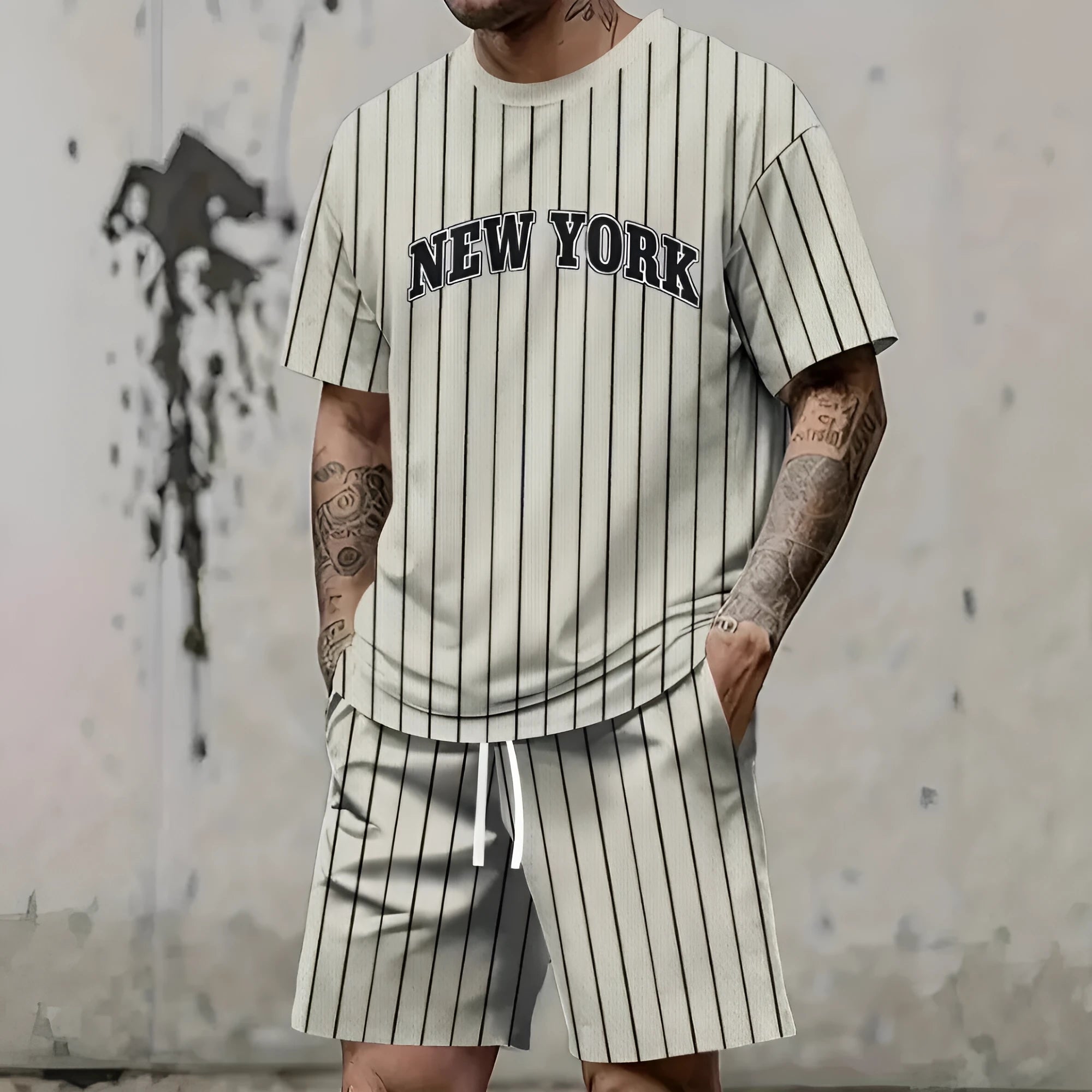 Men's grey 3D printed letter design short sleeve top and shorts two-piece suit set on a hanger.