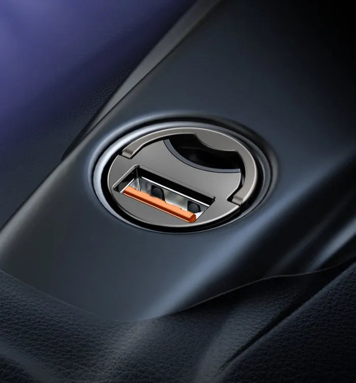 Baseus electro-optical grey single-port 30W USB car charger with 1 metre attached cable.