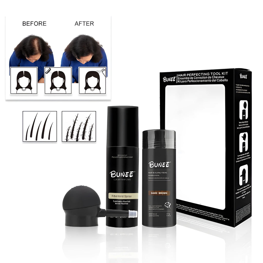 Dense hair fibre powder 275g can with application nozzle and styling spray for men.
