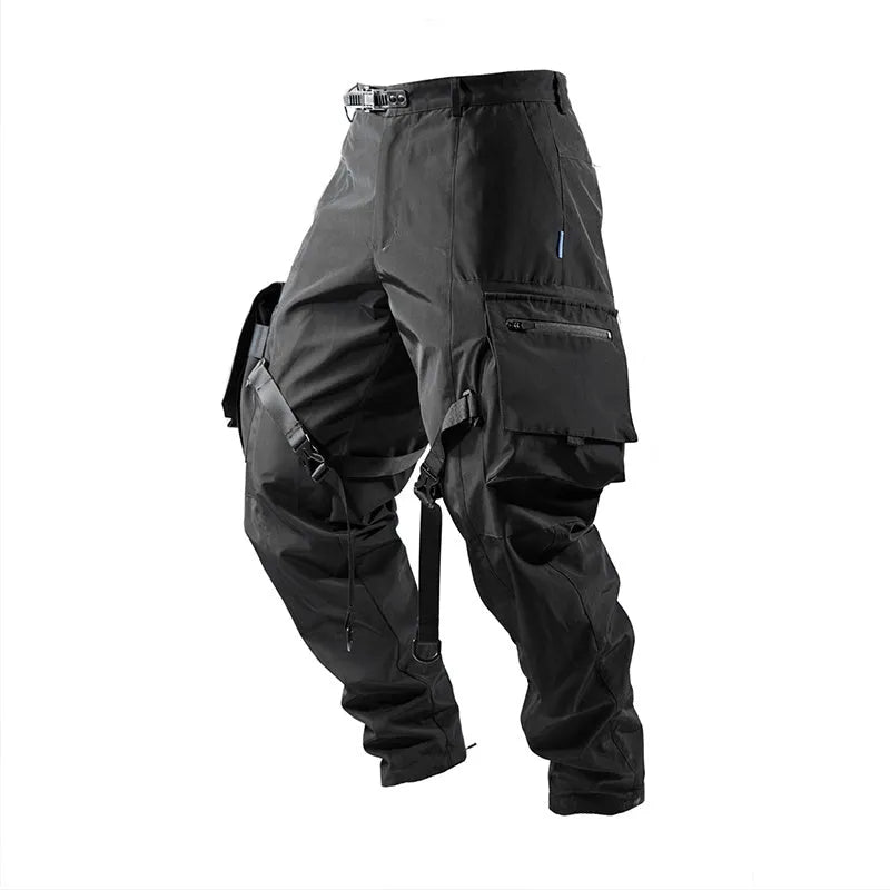 Black waterproof paratrooper trousers with integrated pant straps and 100% polyester fibre construction
