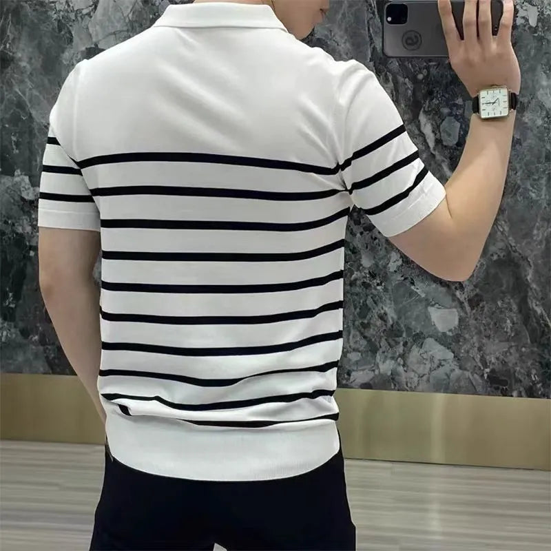 Black and white striped knitted pullover T-shirt with a lapel collar.
