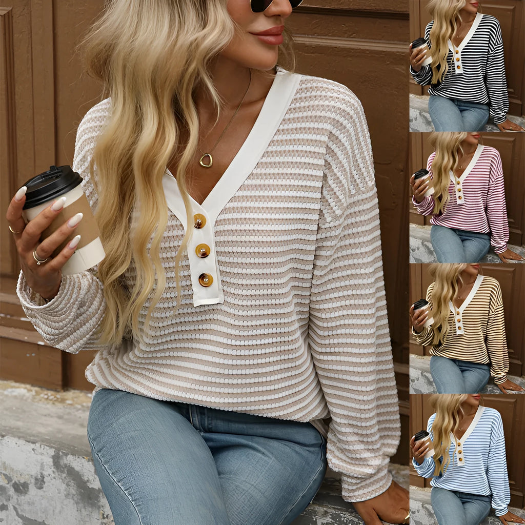 Women's V-neck button-front pullover top with patchwork design in loose-fitting street fashion style