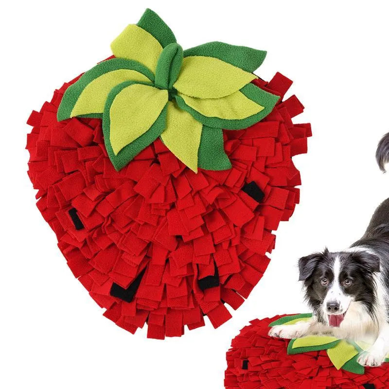 Red and green strawberry-shaped pet sniffing mat for slow feeding dogs and cats.