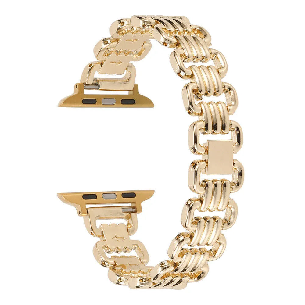 Alloy metal Apple Watch replacement bracelet in silver, black, gold, rose gold, and starlight colours with adjustable clasp.