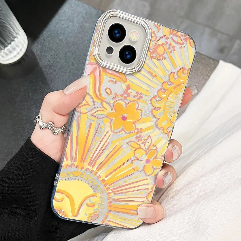 Silver Gray hard phone case with chain for iPhone showing feather yarn IMD-transparent Posey Sun design
