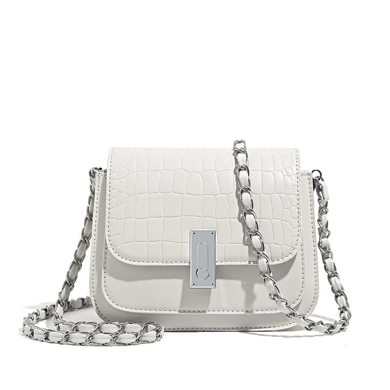 Women's black PU chain shoulder bag with horizontal square design showing mobile phone pocket