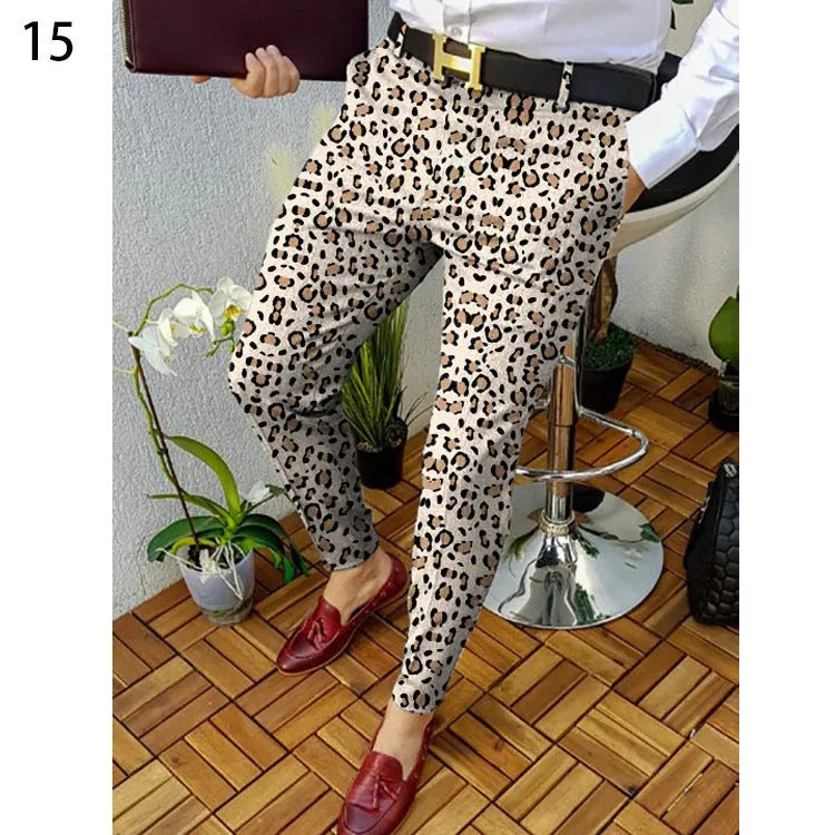 Men's slim-fit plaid trousers with 3D printed pattern, straight leg design and elastic fabric