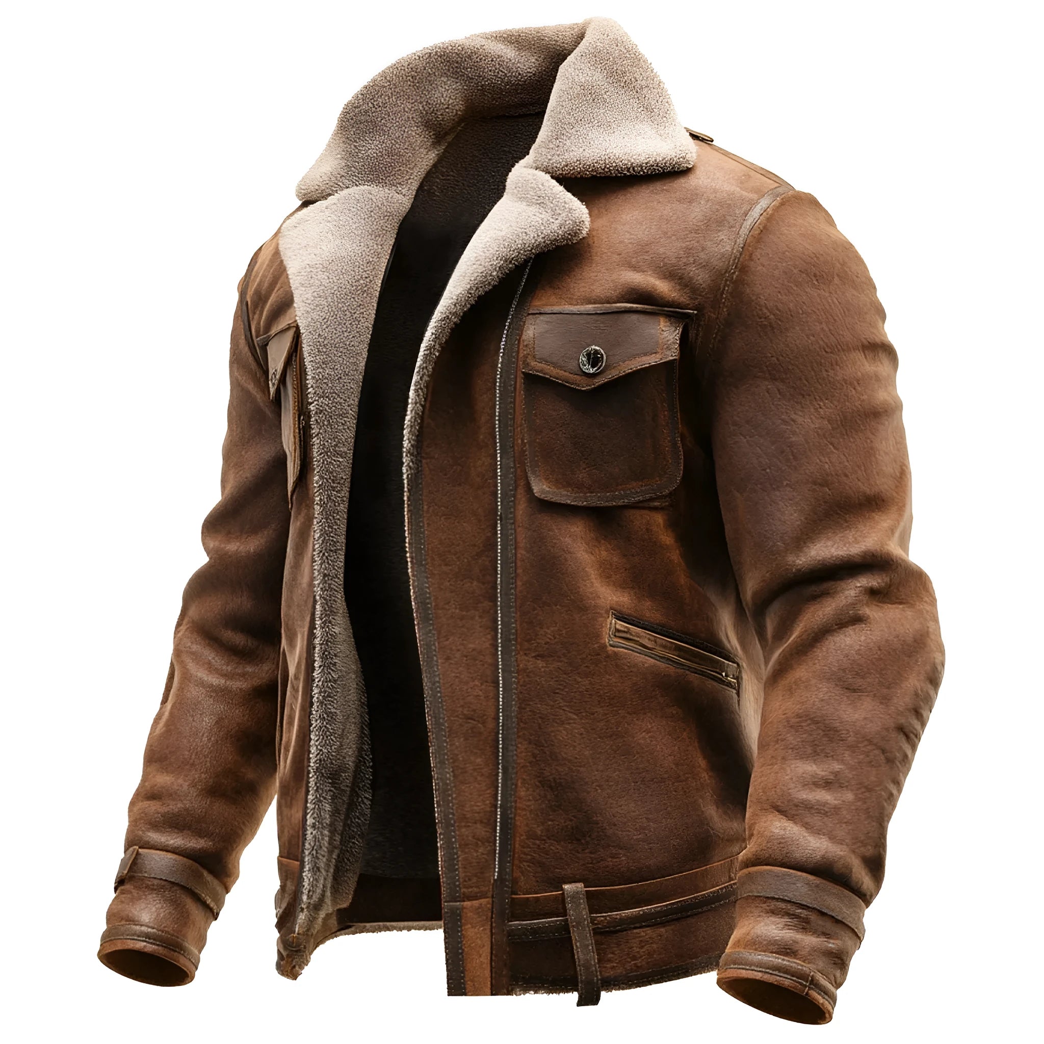 Men's retro brown suede casual jacket with flap pockets, loose fit, mid-length, long sleeves, no hood, solid colour