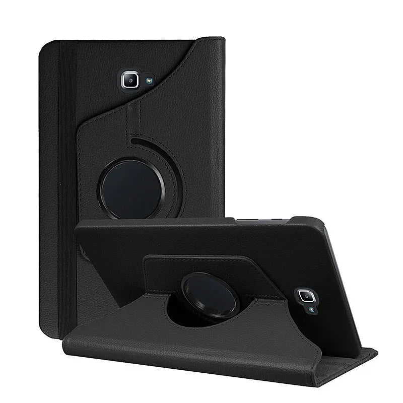 Rotating leather clamshell case for iPad 1 tablet in multiple colour options on a desk.
