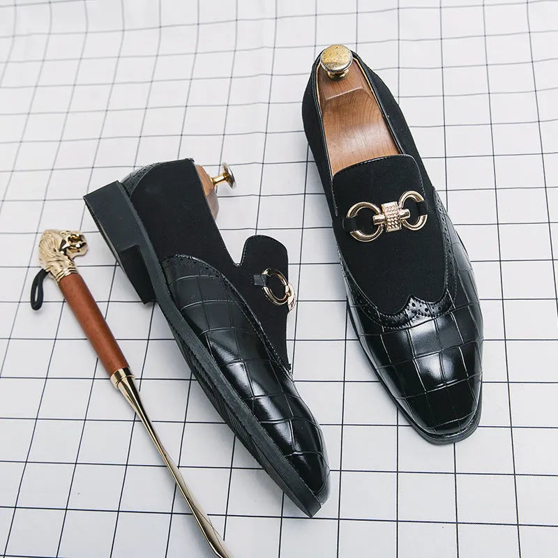 Men's black pointed toe leather shoes with low top design and visible sewing line detailing on artificial PU upper