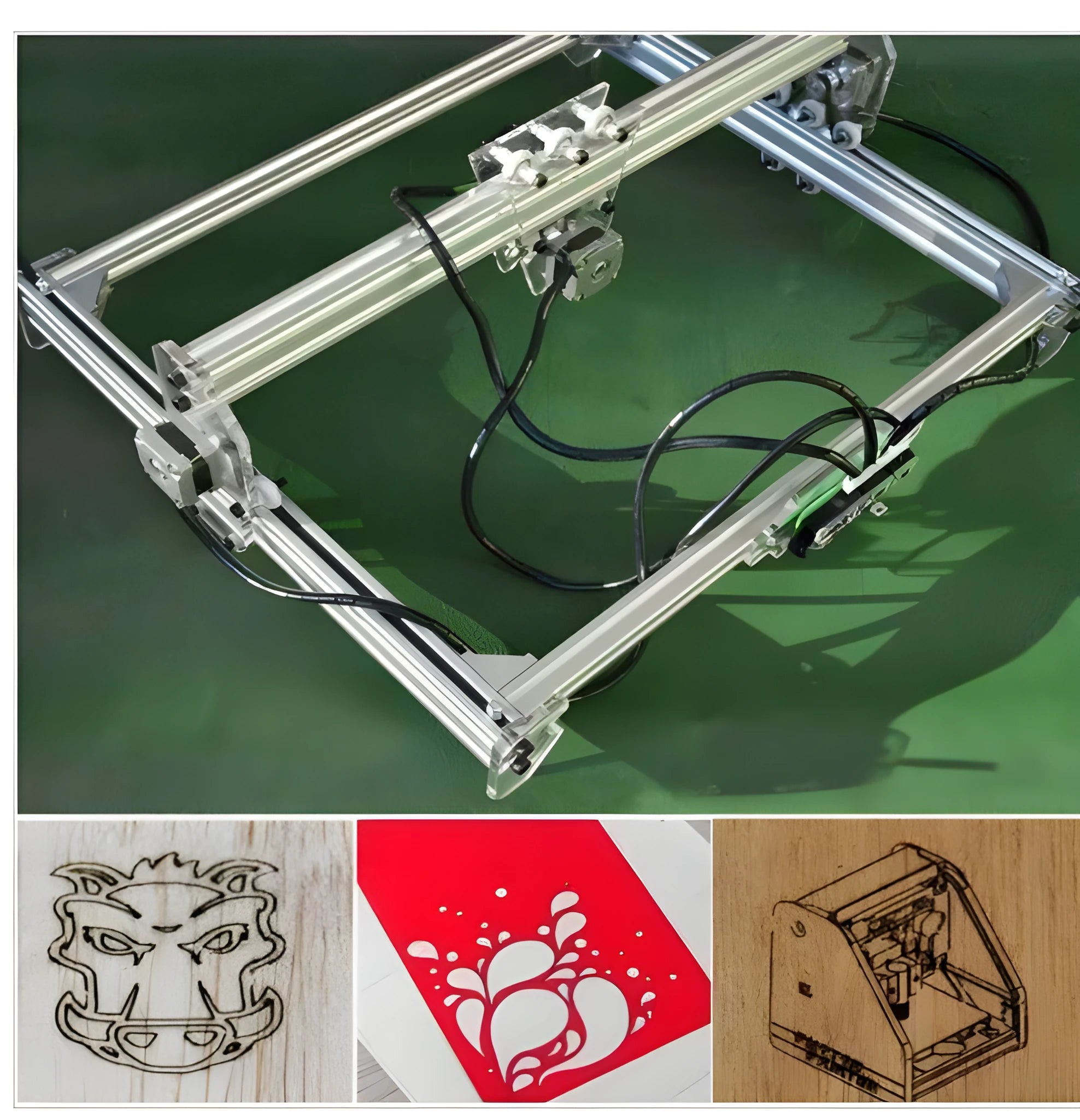 Miniature desktop laser engraving machine with 400mm by 300mm base plate for marking and lettering.