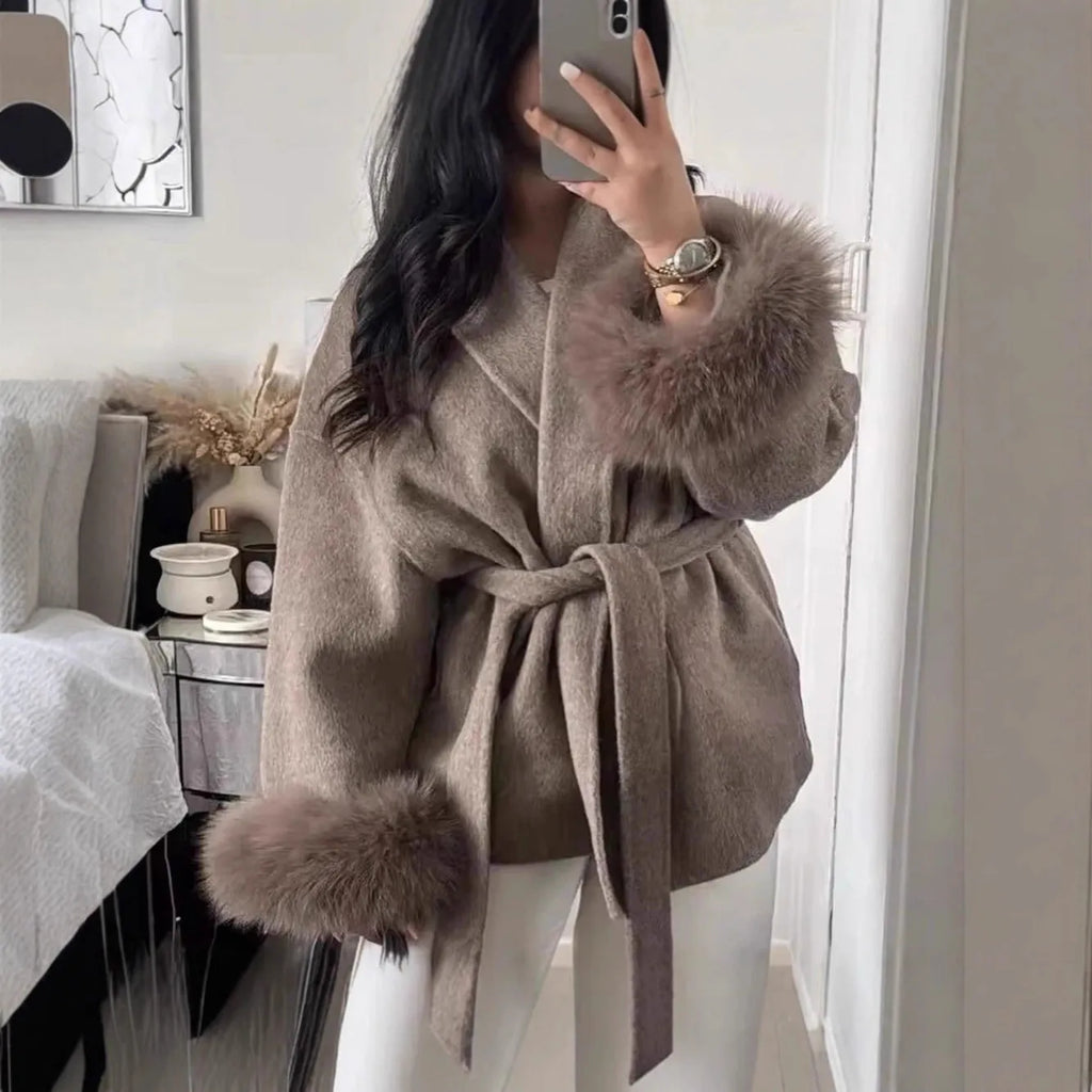 Fur V-neck Lace-up French Woolen Coat in light gray, polyester, medium thickness, front view
