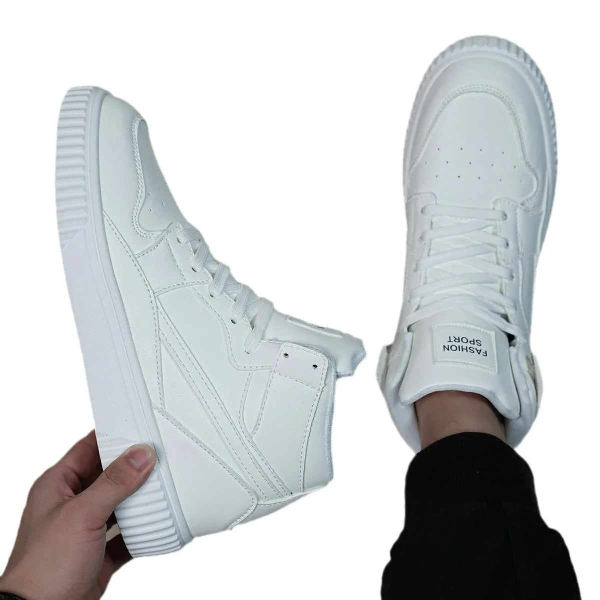 Men's solid white casual shoes with round toe and microfiber upper for autumn and winter