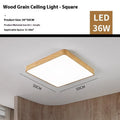 Square Nordic LED wall light with wood grain finish showing three size options and dimmable lighting features