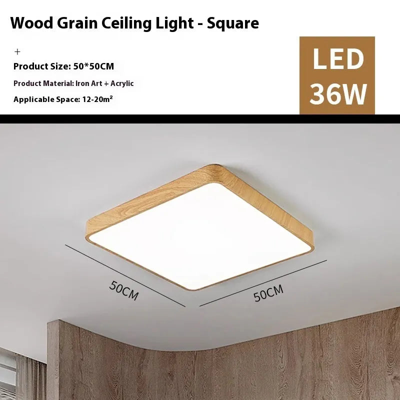 Square Nordic LED wall light with wood grain finish showing three size options and dimmable lighting features