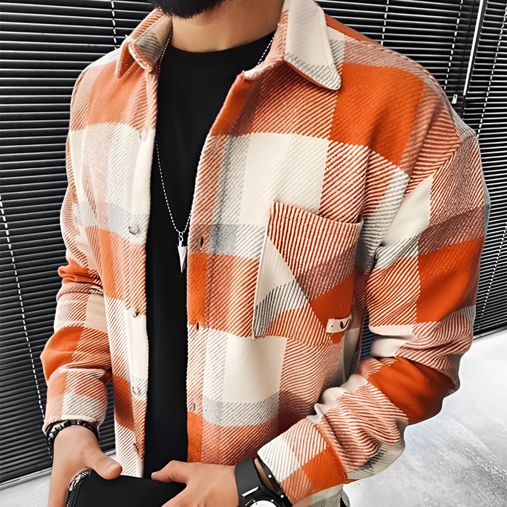 Men's loose fit 3D digital printed jacket in colour option A, full front view showing all-over diamond pattern and button closure