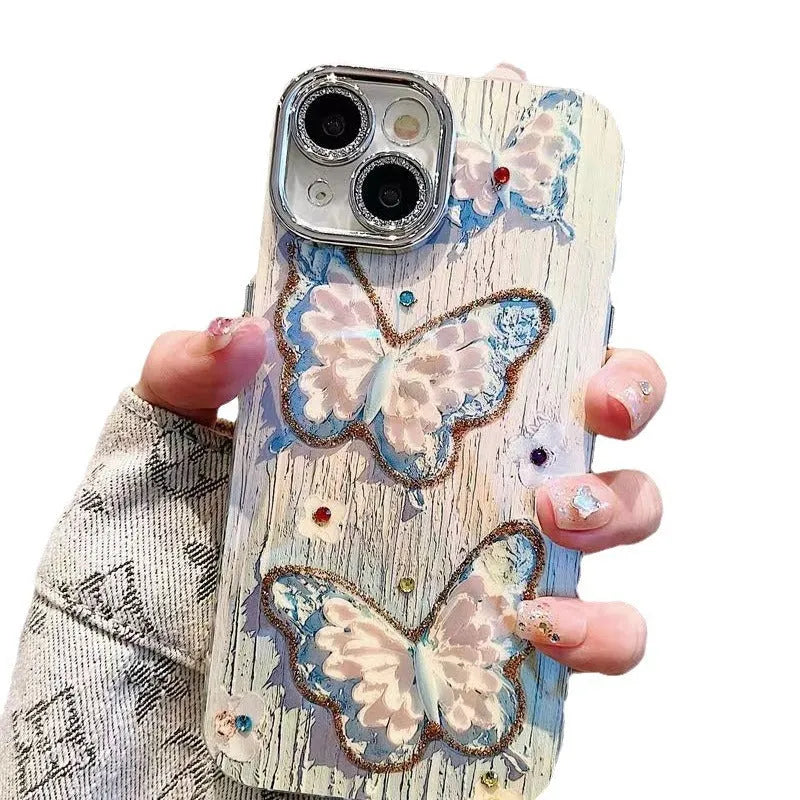 Butterfly oil painting printed plastic phone case for Apple iPhone, blue colour option, all-inclusive design