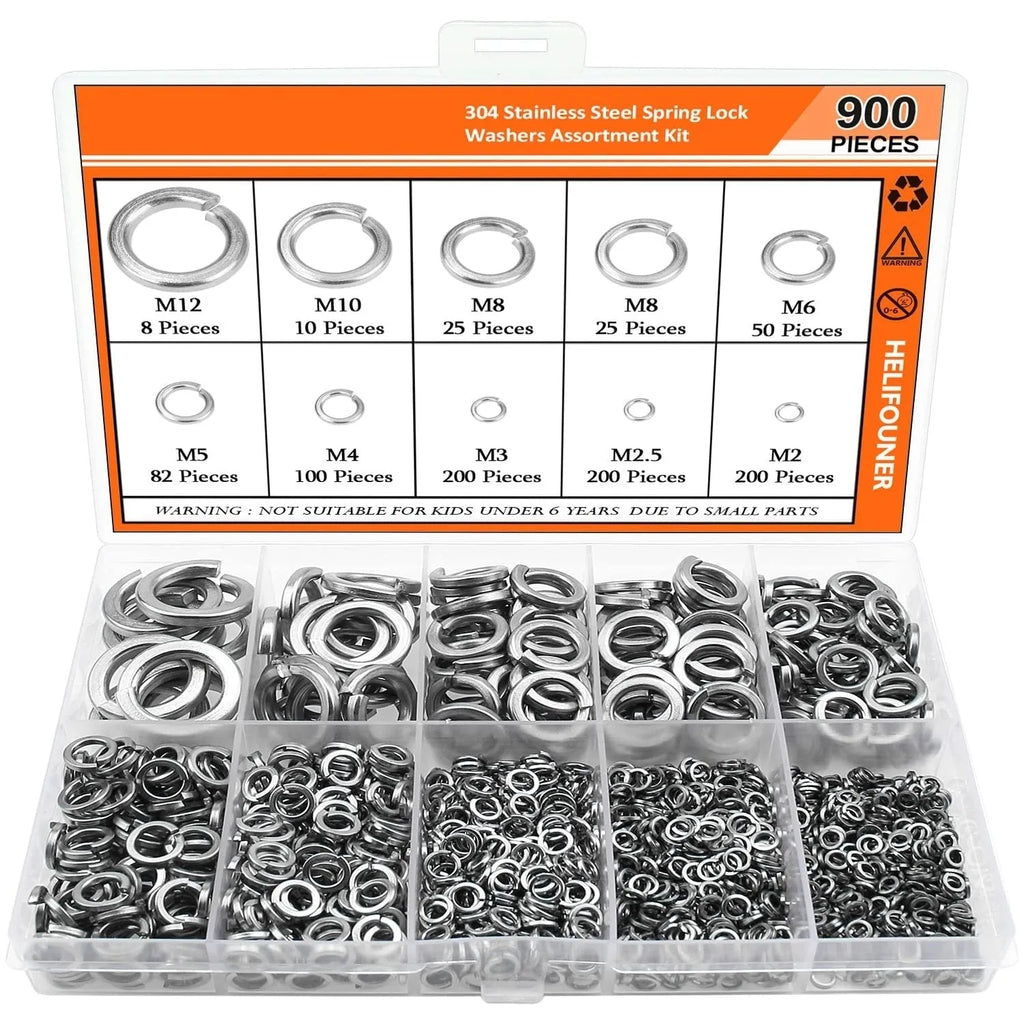 304 stainless steel spring lock washer combination box with 900-piece assortment for mechanical repairs