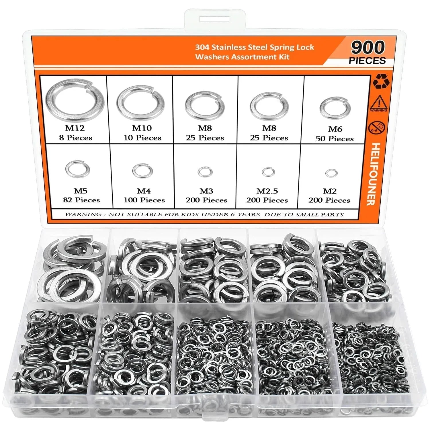 304 stainless steel spring lock washer combination box with 900-piece assortment for mechanical repairs