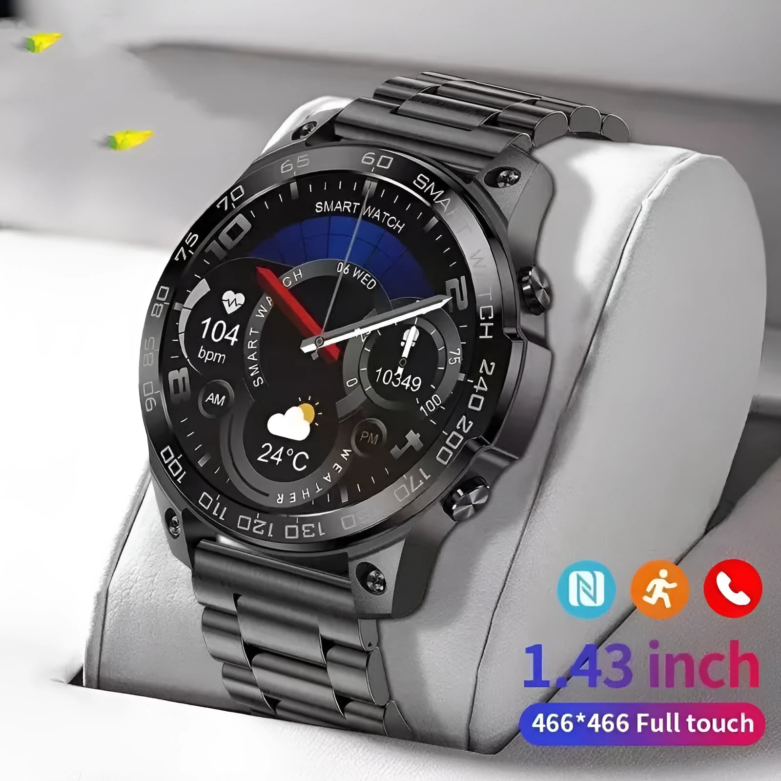 Bluetooth sports watch with round AMOLED display showing fitness metrics on silicone strap