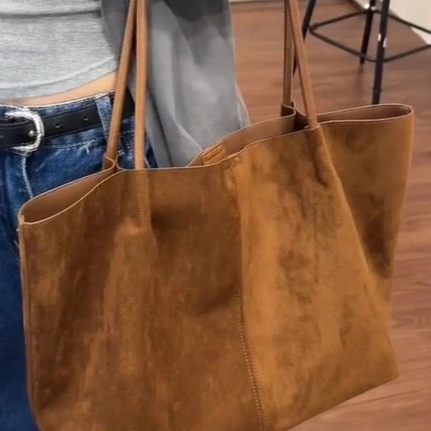 Coffee colour commuter retro large capacity PU tote bag with double shoulder straps and sewing line detail