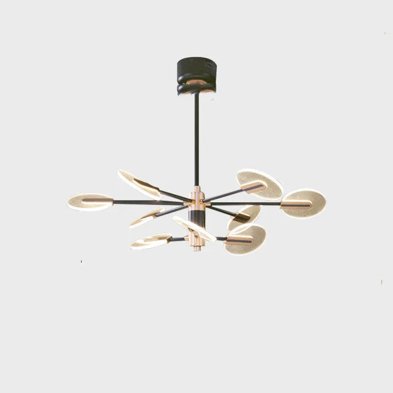 Nordic style iron frame LED chandelier with multiple heads and acrylic diffuser shades.