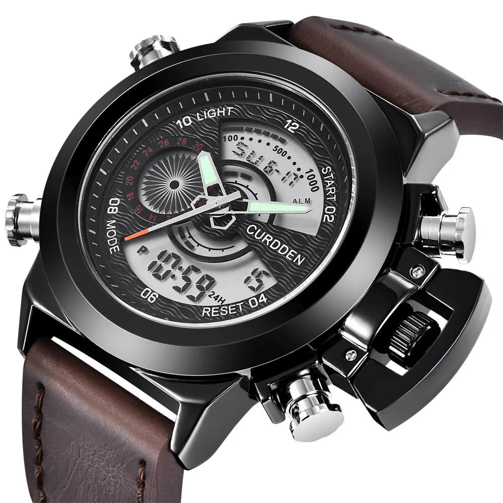 Men's fashion belt multi-functional double display sports watch with black leather strap
