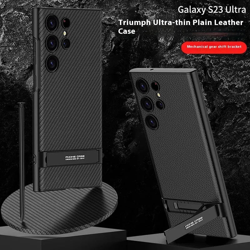 Ultra-thin Samsung S23 phone case with four-gear adjustable bracket in dark night green PC