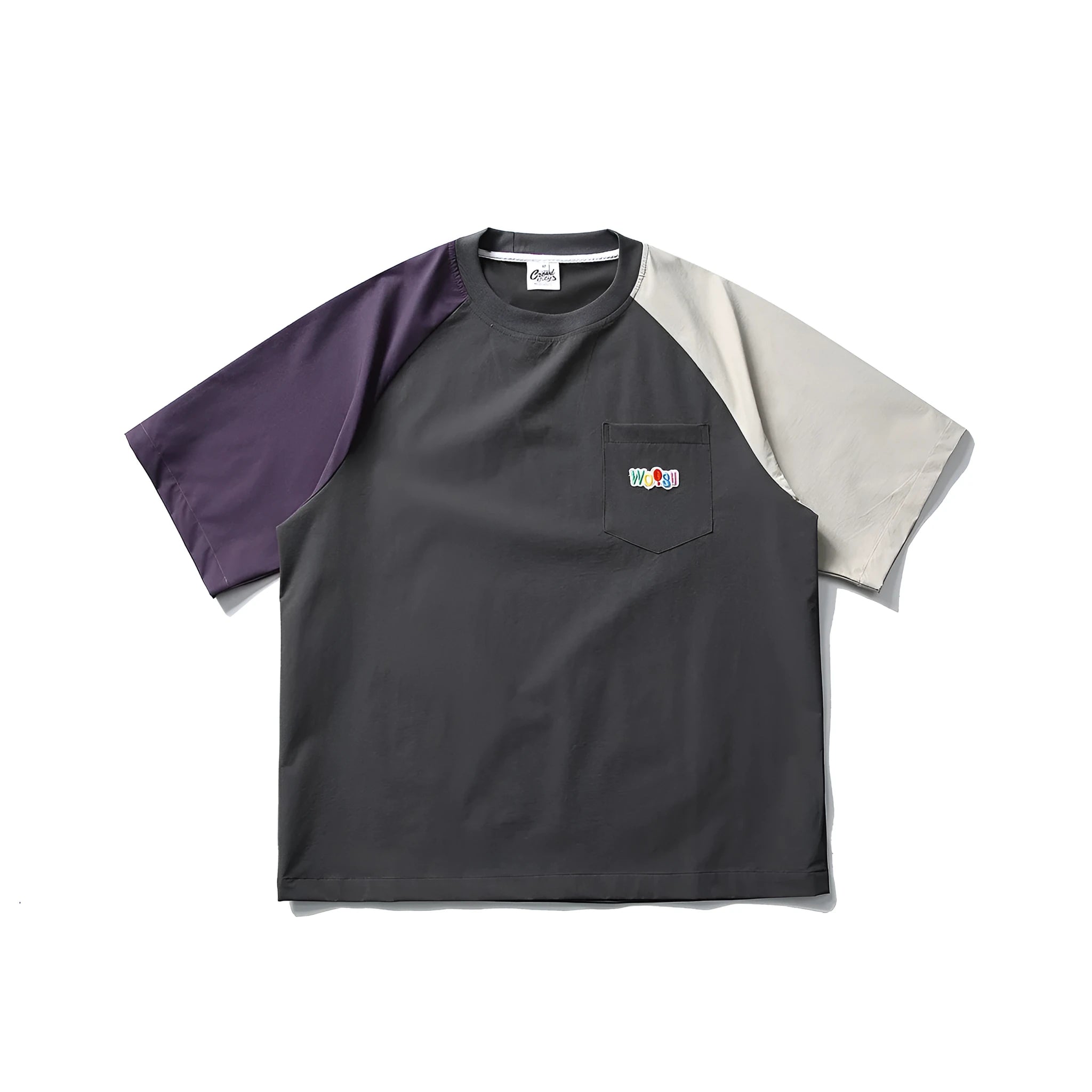 Dark grey men's loose fit t-shirt with contrasting colour raglan short sleeves.