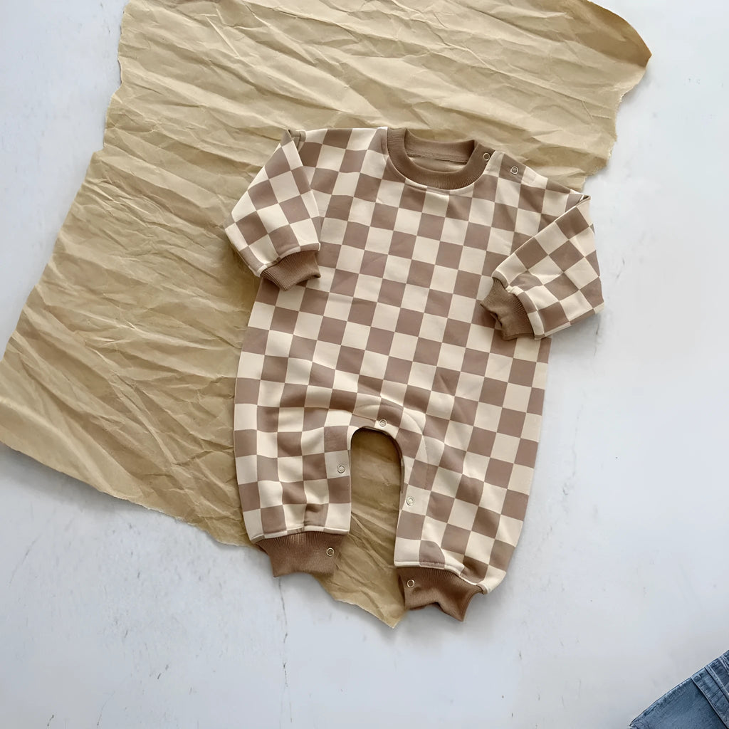 Baby cotton crawler suit long sleeve short climb style in light brown grid neutral design spring autumn