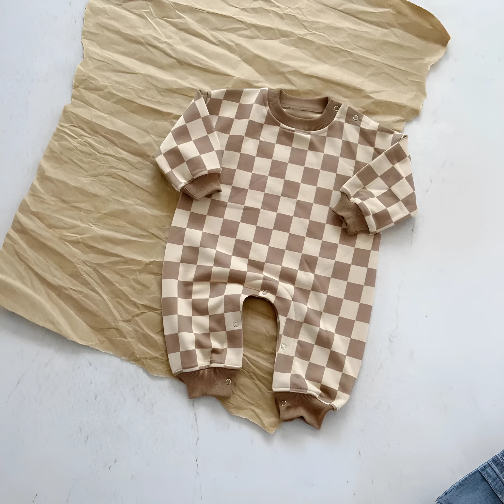 Baby cotton crawler suit long sleeve short climb style in light brown grid neutral design spring autumn