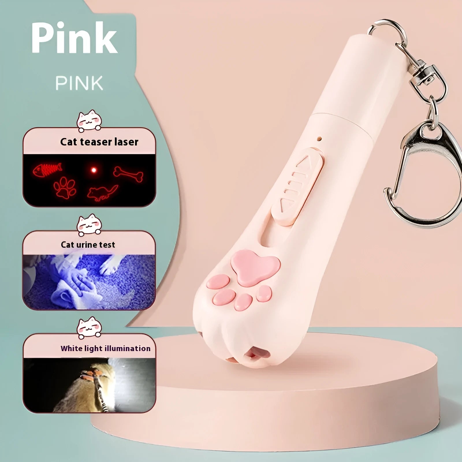 Plastic cat pen light charging toy in cream white, pink or sky blue colours with self-hi relieving stuffy feature