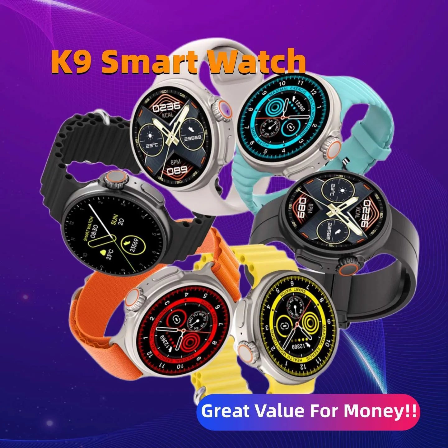 K9 smart watch with round screen in black, orange, silver brown, or yellow with silicone strap