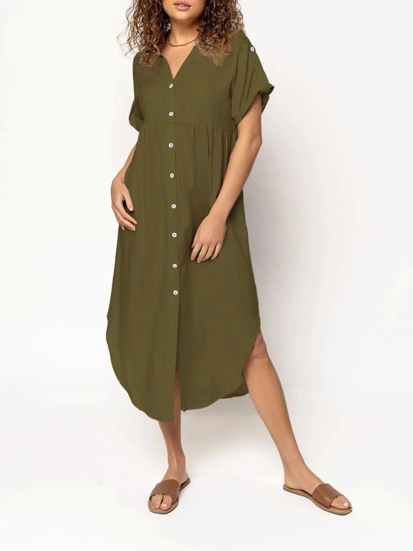 Casual button-front mid-length dress in loose fit available in multiple solid colours