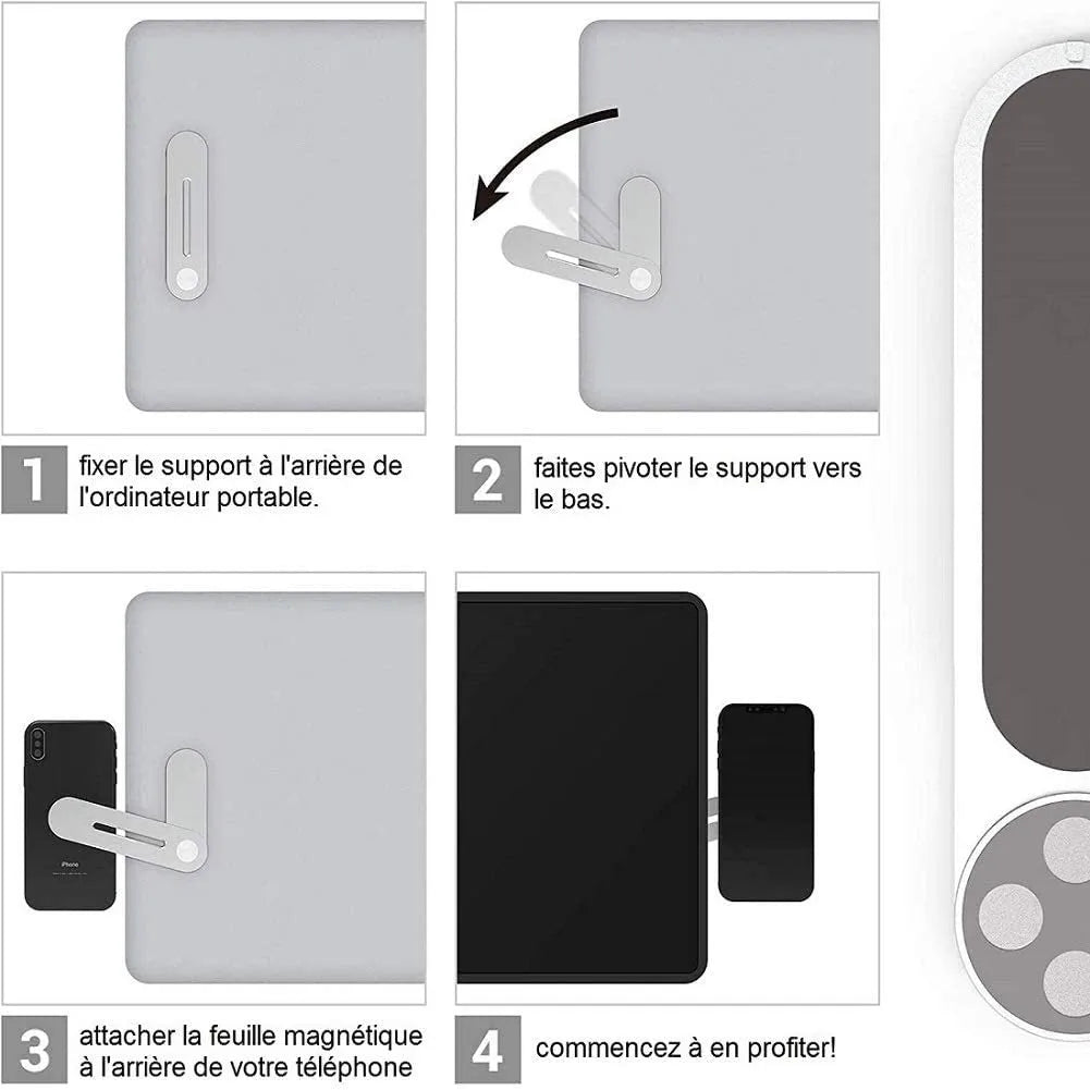 Silver aluminium laptop side mount bracket holding a smartphone next to a laptop screen.