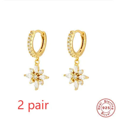 S925 sterling silver snowflake pendant earrings in geometric design with gemstone inlay