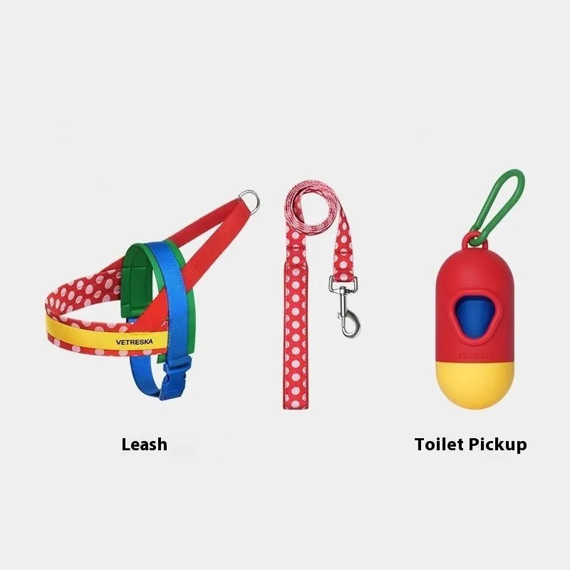 Red polyester dog walking chest strap and traction rope set for small to medium dogs with toilet training focus