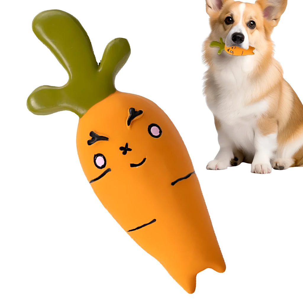Latex vegetable dog chew toy in green, orange and purple cartoon designs for dental hygiene