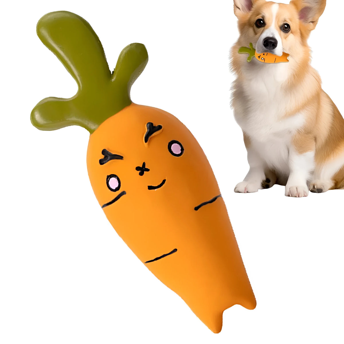 Latex vegetable dog chew toy in green, orange and purple cartoon designs for dental hygiene
