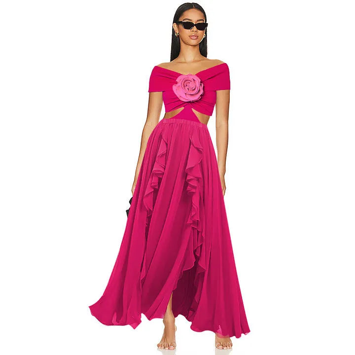 Women's floral hollow-out one-piece swimsuit with a separate matching blue skirt on a mannequin.