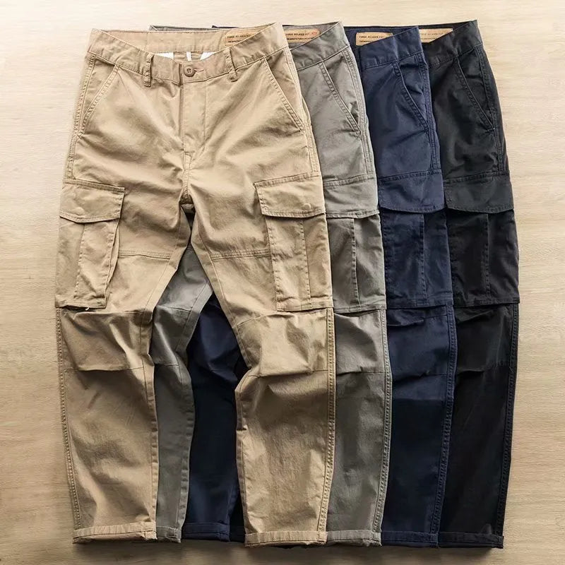 Men's cotton multi-pocket work trousers in khaki colour with cropped length design