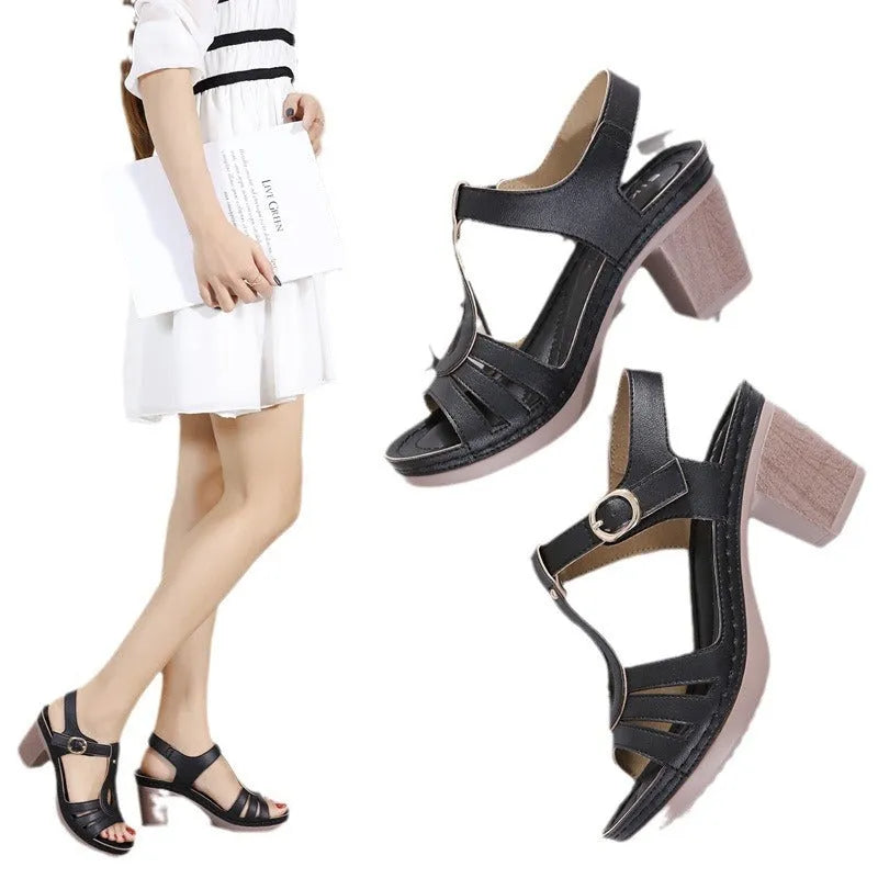 Women's patent leather thick heel sandals with metal buckle stitching in black colour