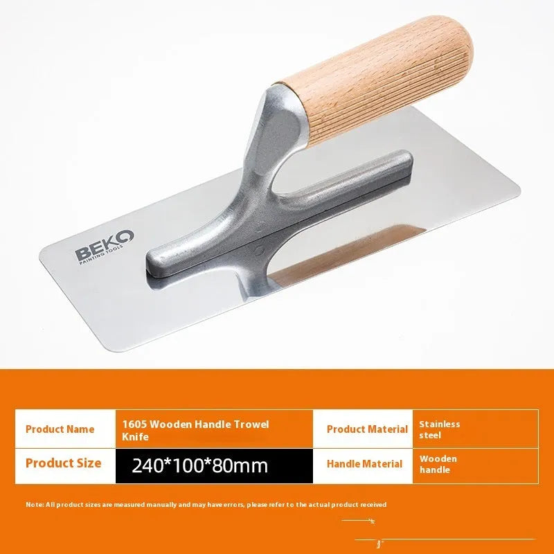 Stainless steel putty scraper with wooden handle showing three blade size options for cement application