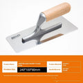 Stainless steel putty scraper with wooden handle showing three blade size options for cement application