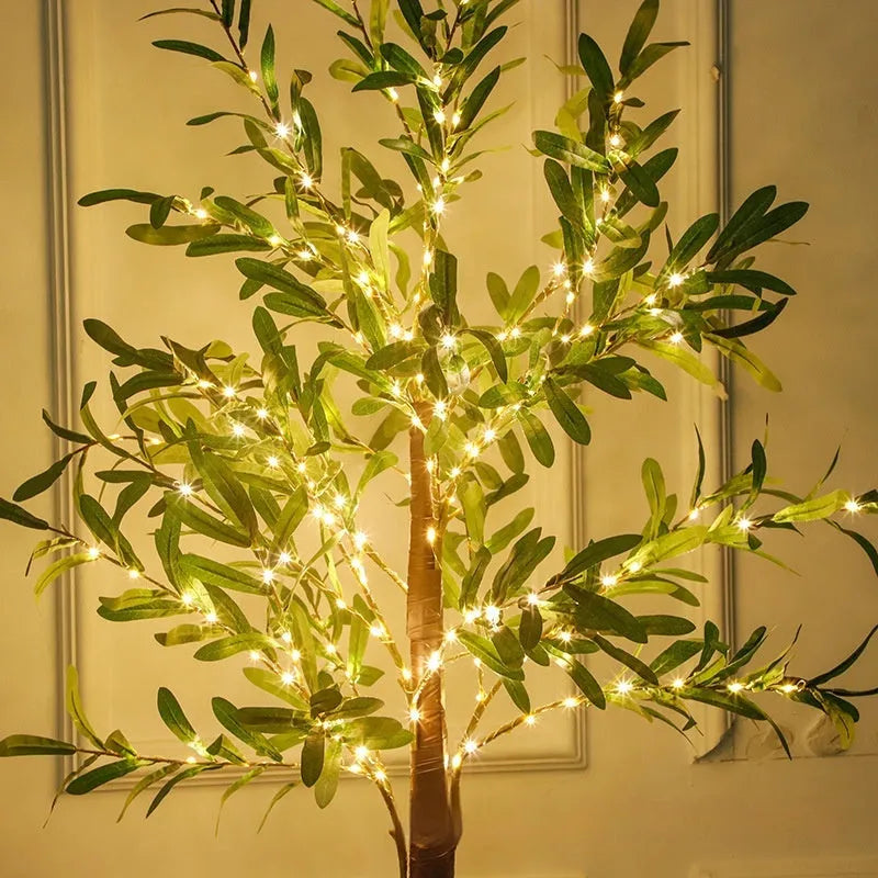1.8 metre tall artificial olive tree lamp with warm white lights for holiday or garden decoration.