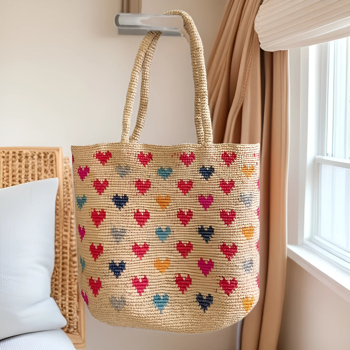 Grass colour raffia woven bucket shoulder bag for women with love embroidery and straw-style weaving