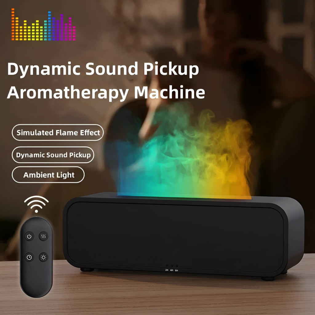 Black and white essential oil diffuser with flame effect and colour-changing lights next to remote control